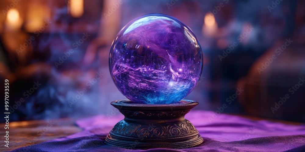 Mystical glowing crystal ball surrounded by ethereal mist in blue and purple hues Mystical glowing crystal ball surrounded by ethereal mist in blue and purple hues