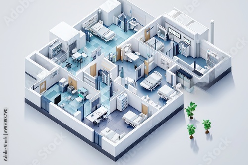 A comprehensive 3D hospital render from an isometric view, showing detailed departments like radiology and surgical suites.