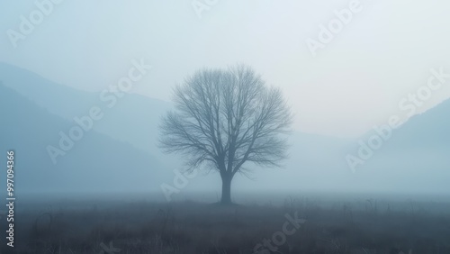 Generative AI, a lone tree in a field with mountains in the background in the foggy morning hours of winter in the valley, mist, a matte painting, tonalism 