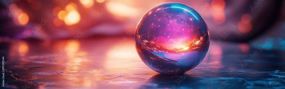 Mystical glowing crystal ball surrounded by ethereal mist in blue and purple hues
