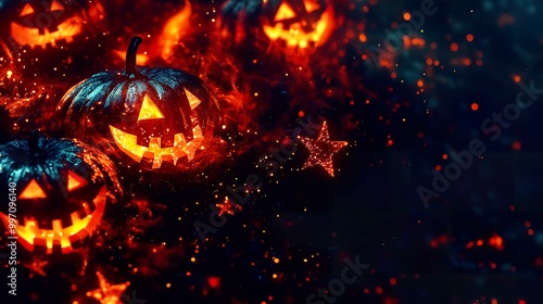 Glowing jack-o'-lanterns intertwined with twinkling stars, creating a magical pattern against a dark backdrop