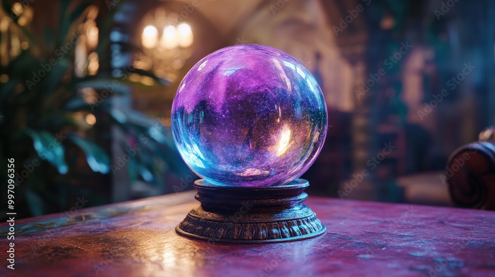 Mystical glowing crystal ball surrounded by ethereal mist in blue and purple hues Mystical glowing crystal ball surrounded by ethereal mist in blue and purple hues