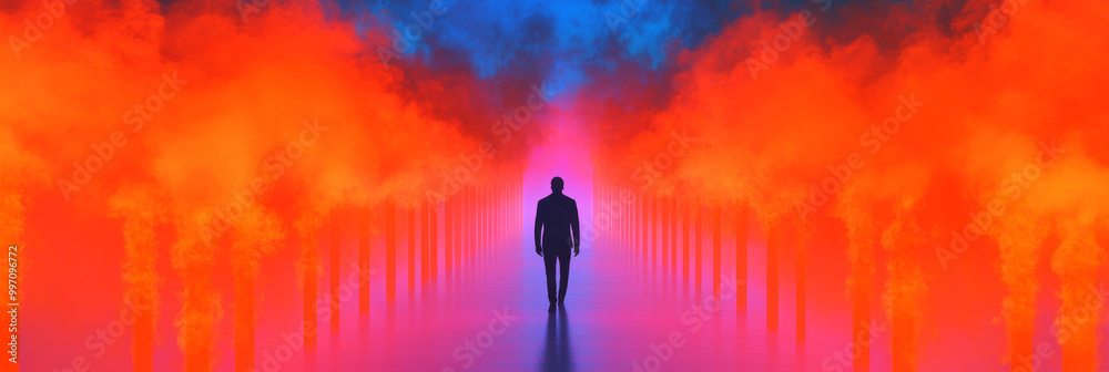 Silhouette of a man walking towards light in a surreal, smoky landscape. Silhouette of a man walking towards light in a surreal, smoky landscape.