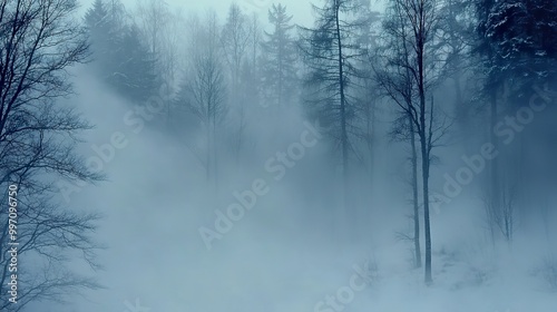 Panoramic winter forest shrouded in mist, tree silhouettes piercing through the thick fog. Cold, silent, and gothic.