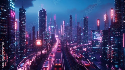 Future smart city skyline with autonomous vehicles, digital pathways, and glowing infrastructure representing urban living in the future