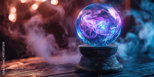 Mystical glowing crystal ball surrounded by ethereal mist in blue and purple hues photo