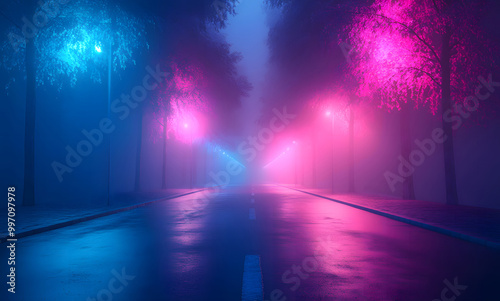 Neon Lights in Foggy Urban Nightscape Design