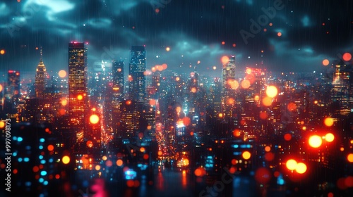 Abstract night cityscape with colorful bokeh lights, neon signs, and glistening urban glow. The moody sky contrasts with bright city lights. nightlife and modern city vibrance