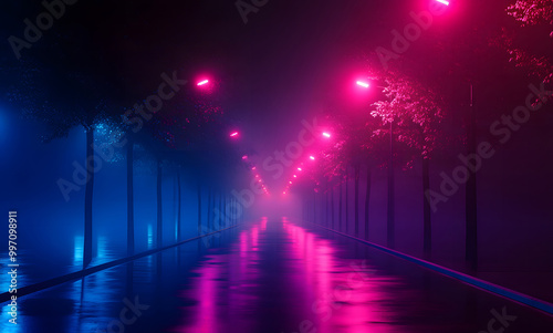 Neon Lights in Foggy Urban Nightscape Design