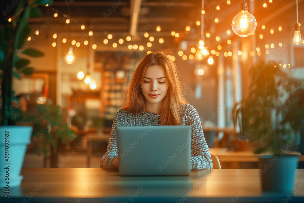 focused young woman in casual clothing using laptop in a modern shared office space focused young woman in casual clothing using laptop in a modern shared office space