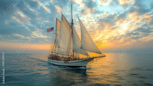 American schooner with tall masts and an American flag waving in the wind. The sailboat glides across a calm summer sea, evoking patriotism and 4th of July pride