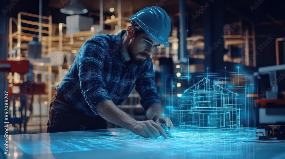 Medium shot of an electrician planning a residential wiring project with a holographic blueprint floating beside them Medium shot of an electrician planning a residential wiring project with a holographic blueprint floating beside them