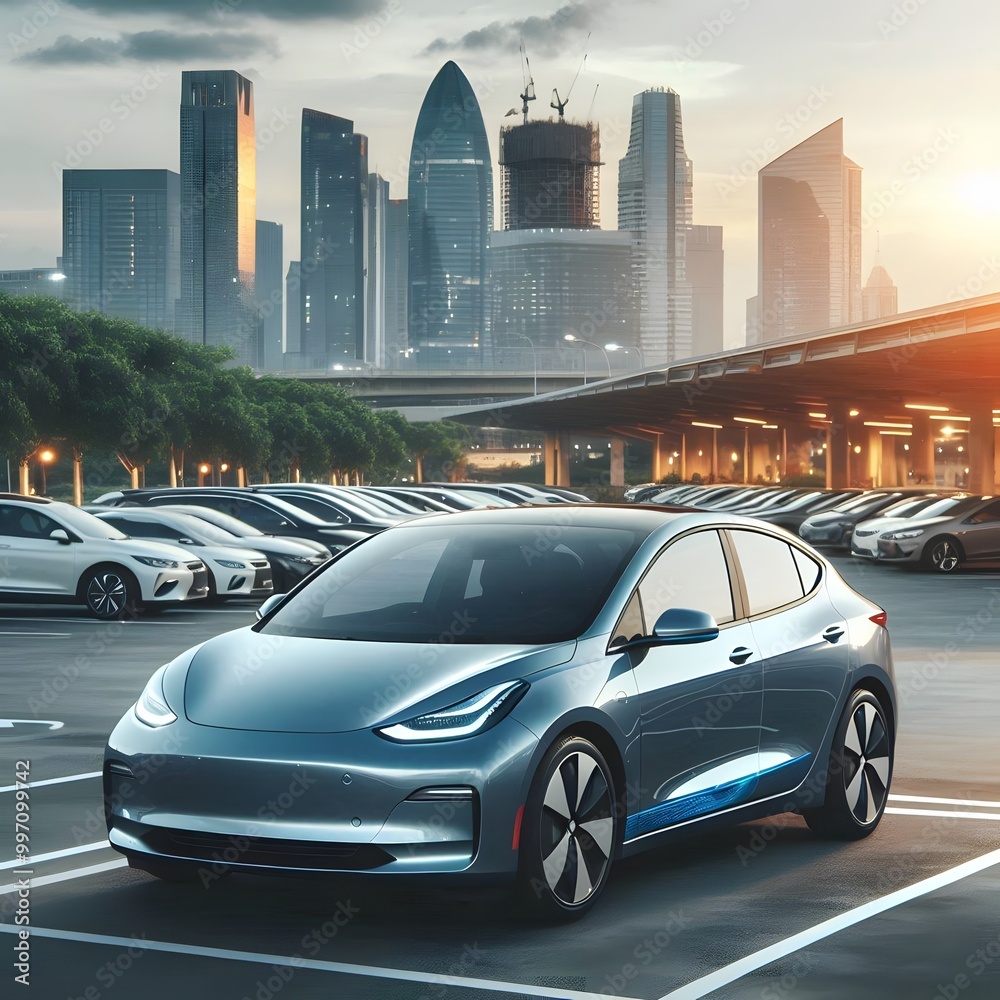 Electric Car Parked in a Large Parking Lot with Power Lines in the Background Electric Car Parked in a Large Parking Lot with Power Lines in the Background