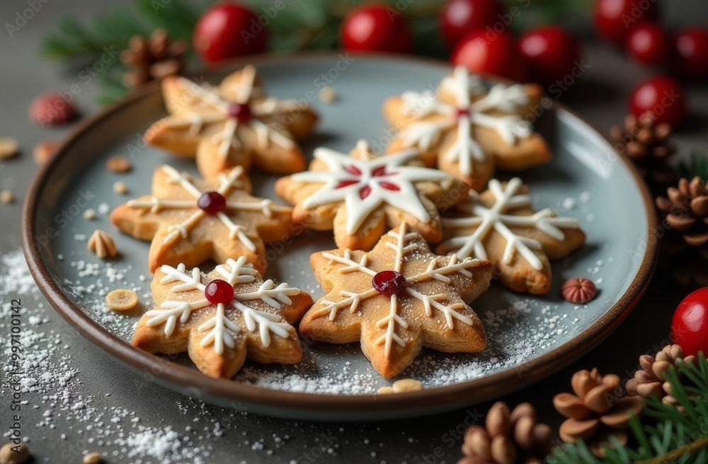 Cookies in the form of a snowflake lie on a dark plate with a New Year's background. Cookies in the form of a snowflake lie on a dark plate with a New Year's background.