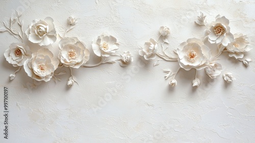 The decor of an elegant interior is dominated by a white plaster floral relief design showcasing a variety of detailed blooms and swirling vines