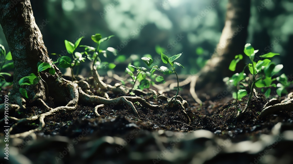 Organic forms mimicking the growth of roots spreading through soil in 3D focus on, natural growth, ethereal, Overlay, forest floor