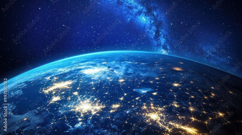 Fototapeta premium Photo of Planet Earth and its Satellites at night from space - North America connected to the rest of the world, technology, global community and futuristic communication system concept.