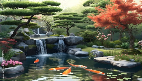 Tranquil Japanese Garden Featuring a Serene Waterfall, Koi Pond, Vibrant Trees, and Colorful Flowers in Gentle Hues