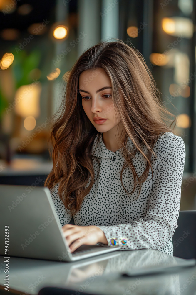young female professional working intently on her laptop in a coworking hub young female professional working intently on her laptop in a coworking hub
