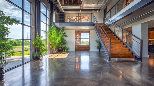 A trendy industrial loft with polished concrete floors, a wood and metal staircase, and large steel-framed windows