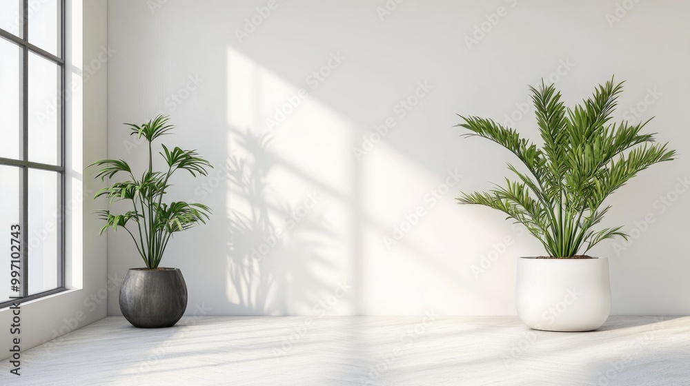 Modern Living Space with White Wall, Potted Plant, and Wood Flooring - 3D Interior Design Modern Living Space with White Wall, Potted Plant, and Wood Flooring - 3D Interior Design