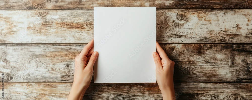 A hand presenting a blank paper poster, ideal for showcasing restaurant menu designs, set against a customizable background. A hand presenting a blank paper poster, ideal for showcasing restaurant menu designs, set against a customizable background.