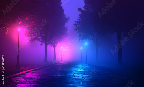 Neon Lights in Foggy Urban Nightscape Design