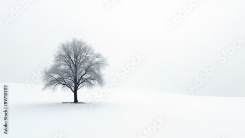 Generative AI, a lone tree in a snowy field with a white sky in the background and a few clouds in the sky, award-winning photograph, a minimalist painting, minimalism 