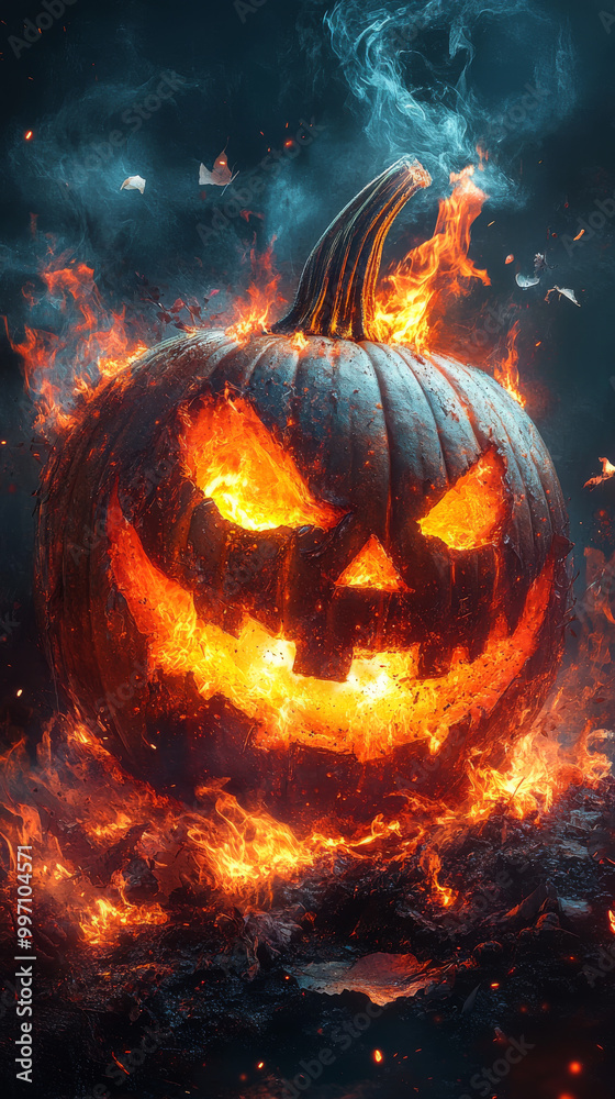 A fiery jack-o'-lantern burns brightly against a dark, smoky background. A fiery jack-o'-lantern burns brightly against a dark, smoky background.