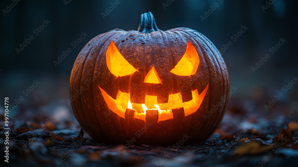 A jack-o'-lantern glows menacingly in a dark forest. A jack-o'-lantern glows menacingly in a dark forest.