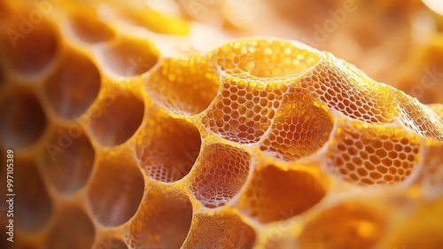 Organic patterns resembling the texture of a honeycomb in a 3D space close up, geometric, realistic, Double exposure, bee hive