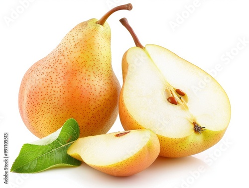 A fresh pear with a slice cut out on a white background
