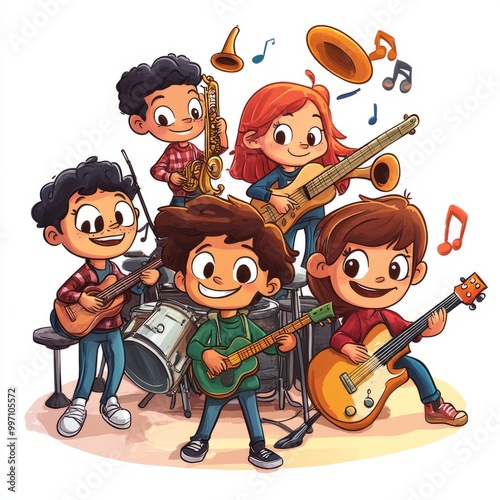 A group of five cheerful cartoon children play music together in a band. photo