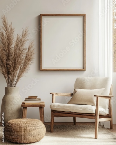 Minimalist Living Room Interior with Blank Poster Frame for Contemporary Design