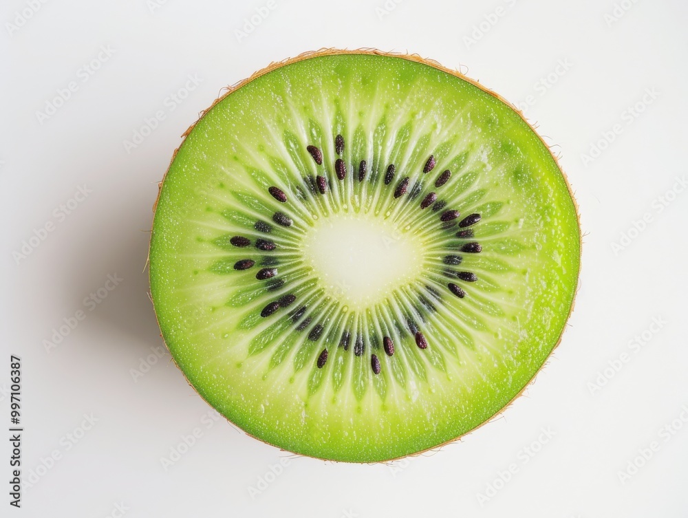A halved kiwi fruit with the skin on a white background A halved kiwi fruit with the skin on a white background