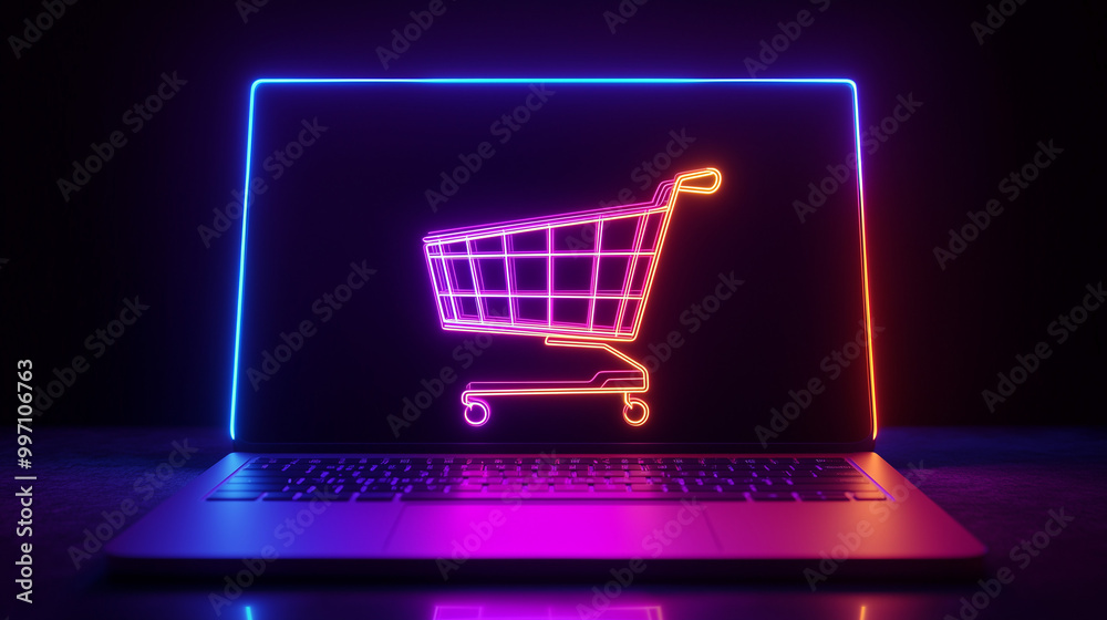 Shopping cart icon, Neon shopping cart on a laptop screen, Cyber Monday, Online shopping, Sales, Cyber offers, E commerce, Shopping from home Shopping cart icon, Neon shopping cart on a laptop screen, Cyber Monday, Online shopping, Sales, Cyber offers, E commerce, Shopping from home