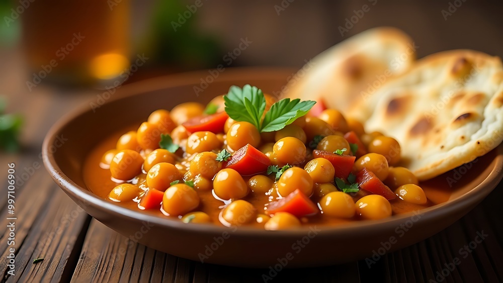 Close-up of chole chickpea curry with Indian bread on the festive table Close-up of chole chickpea curry with Indian bread on the festive table