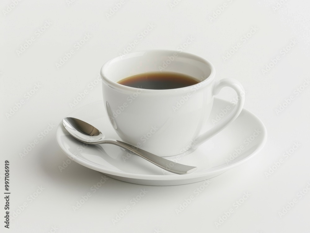 A freshly brewed espresso in a small white cup, isolated on a white background A freshly brewed espresso in a small white cup, isolated on a white background