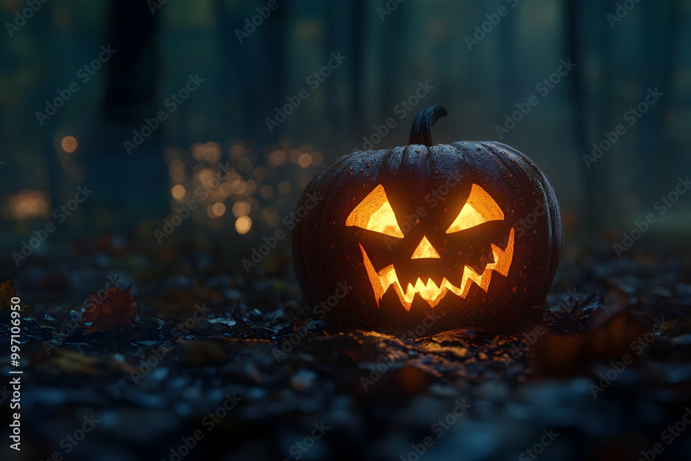 A carved pumpkin illuminated in the night against a soft autumn A carved pumpkin illuminated in the night against a soft autumn
