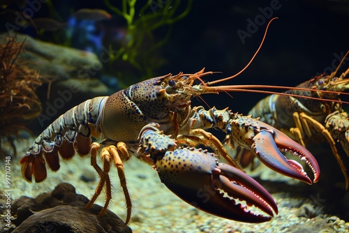 Crested lobsters form a family (Nephropidae, sometimes also Homaridae) from large marine crustaceans. They are important as animals, business, and food - generative ai photo