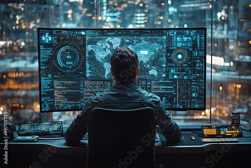 Cybersecurity Expert Monitoring Data in a Futuristic City