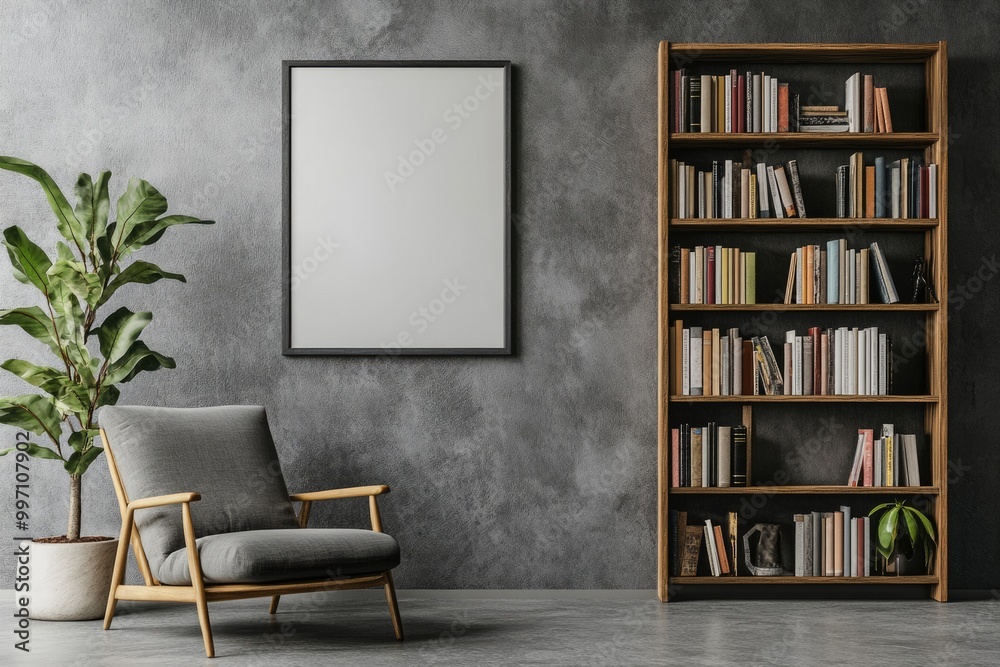 Modern Grey Living Room Interior with Armchair and Bookshelf, Square Mock Up