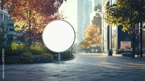 A mock-up of a blank white circular sign, ideally placed by the roadside in an urban environment, perfect for creative design applications. photo