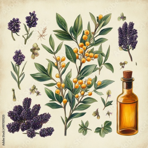 A hand-drawn illustration of lavender flowers, berries, and a bottle of essential oil on a cream background.