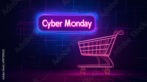 Cyber Monday, Neon shopping cart, Online shopping, Sales, Cyber offers, E commerce Shopping from home, Cyber Monday banner