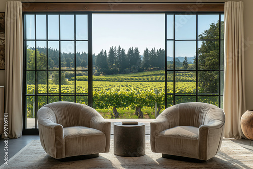 Elegant Living Room with Two Velvet Chairs and Vineyard View