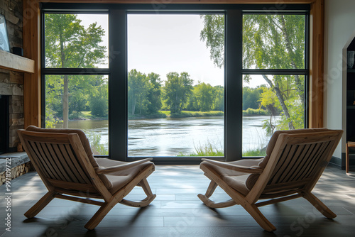 Modern Rustic Living Room with Two Chairs and River View