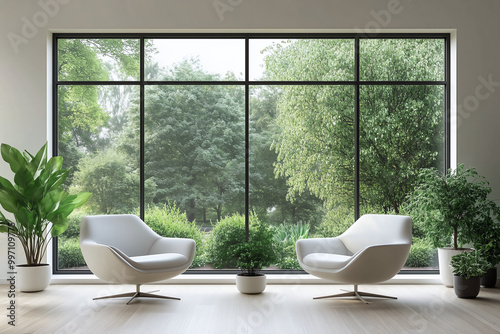 Minimalist Living Room with Two Chairs and Garden View