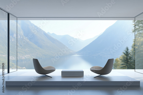 Minimalist Living Room with Two Chairs and Scenic Mountain View