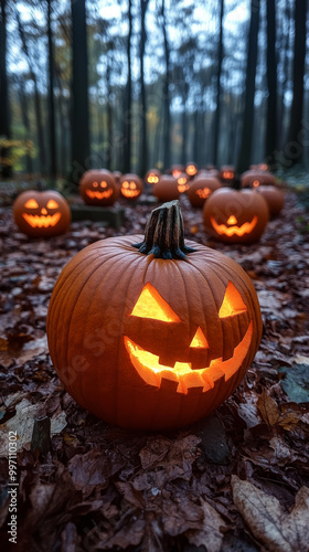 A glowing jack-o'-lantern in a dark forest.